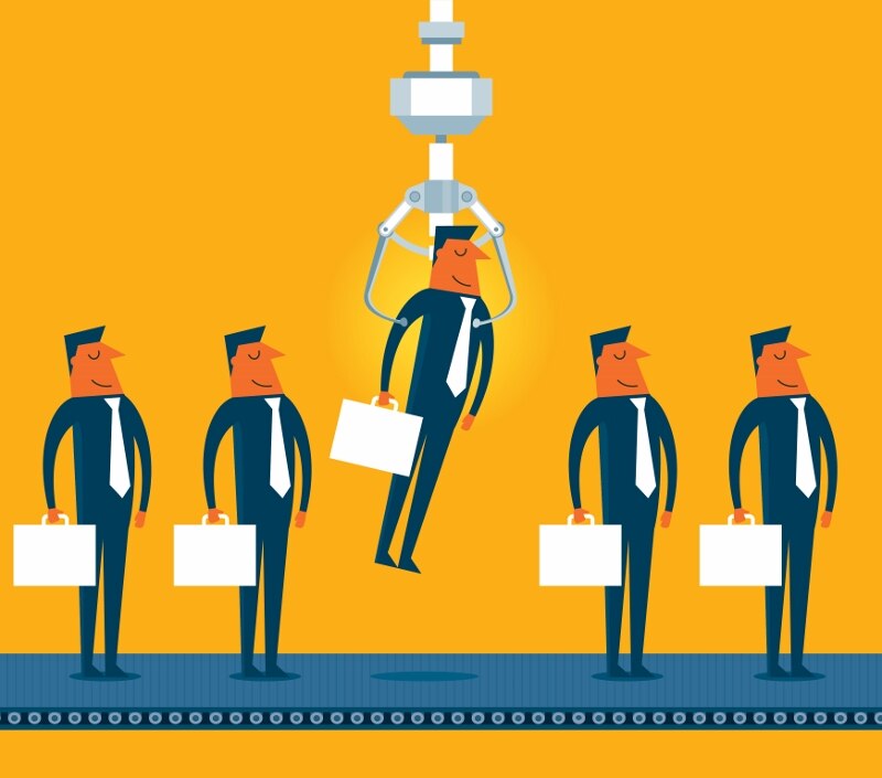 Illustrated men in ties with briefcases on a conveyor belt with the middle one being picked up by a claw machine