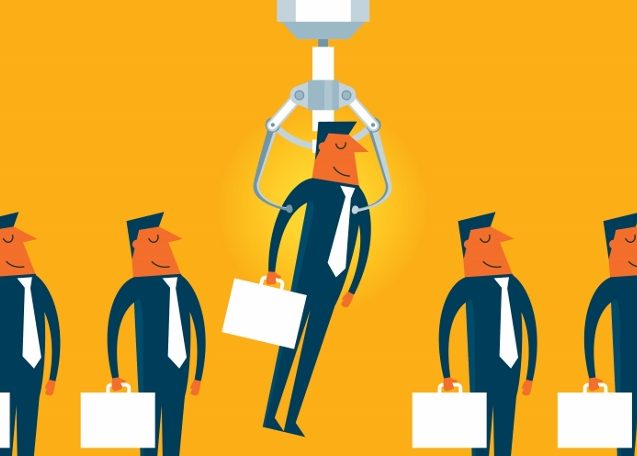 Illustrated men in ties with briefcases on a conveyor belt with the middle one being picked up by a claw machine