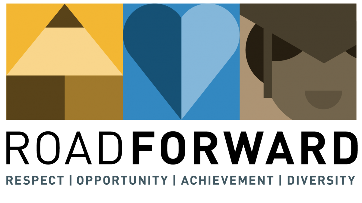 Icons of pencil, heart, and person in a graduation cap that says "Road Forward"
