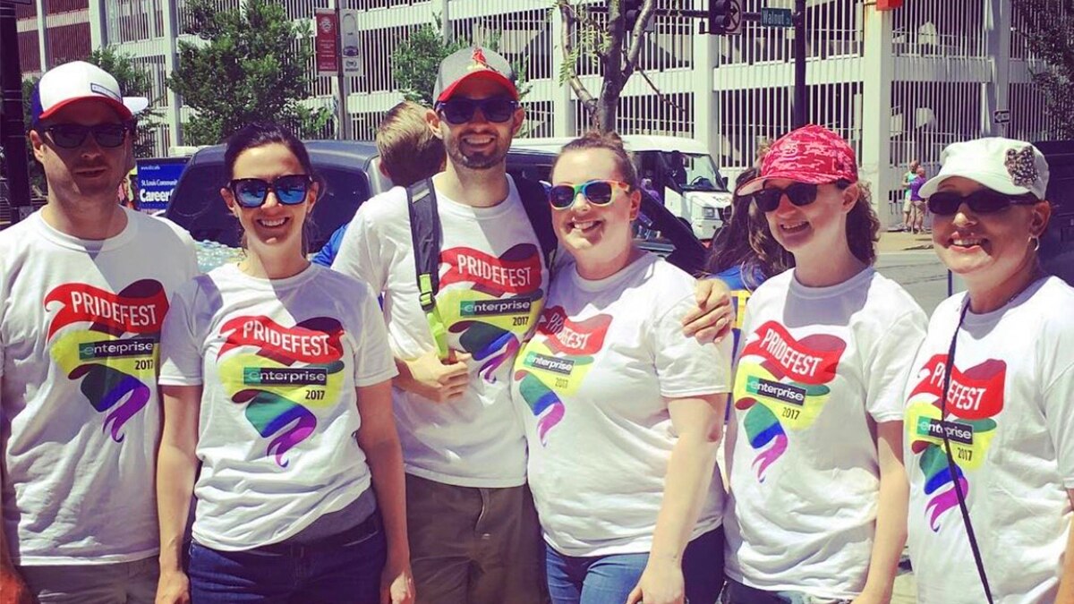 Group of people in Enterprise Pridefest 2017 t shirts