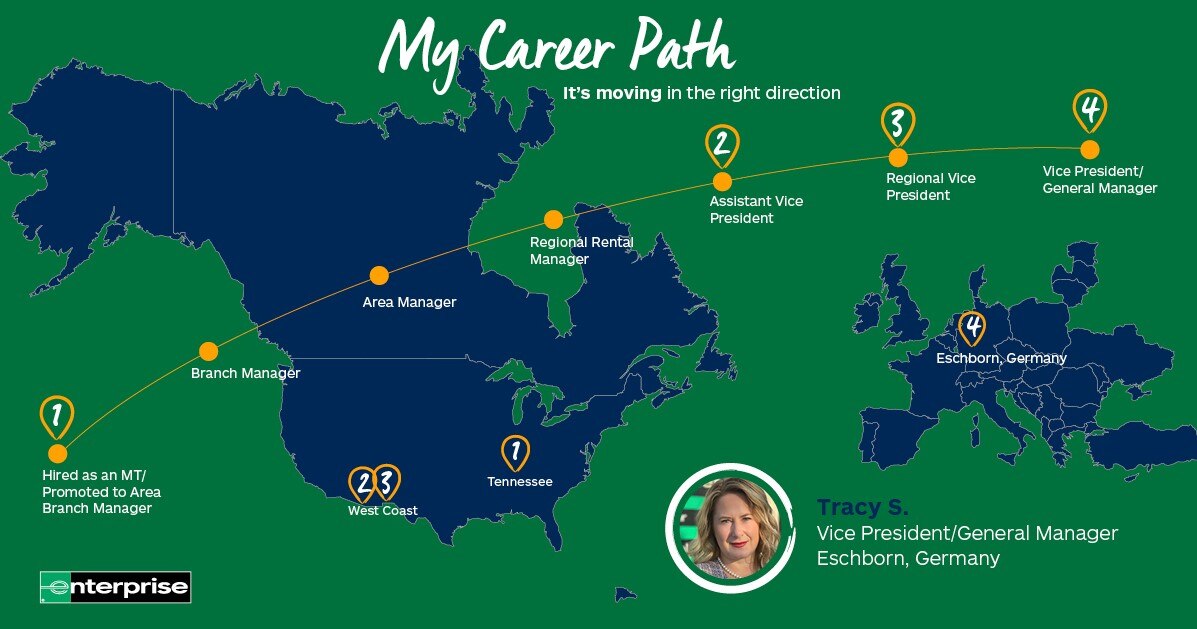 Map of North America and Europe with headshot of Tracy S. and her career path mapped out