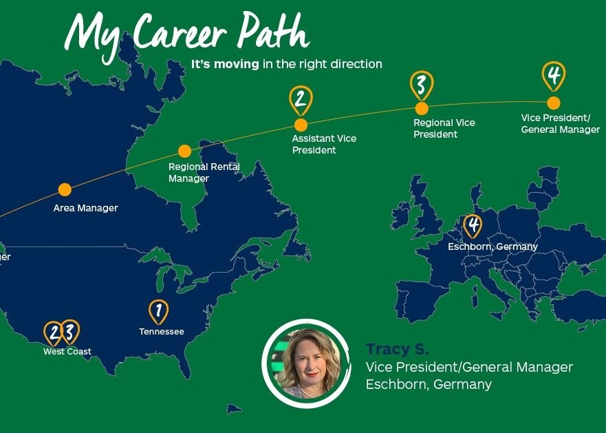 Map of North America and Europe with headshot of Tracy S. and her career path mapped out
