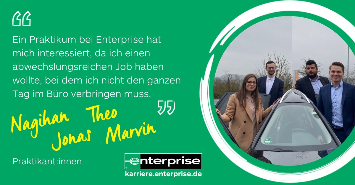 Four interns in professional dress standing around a car with a quote on a green background