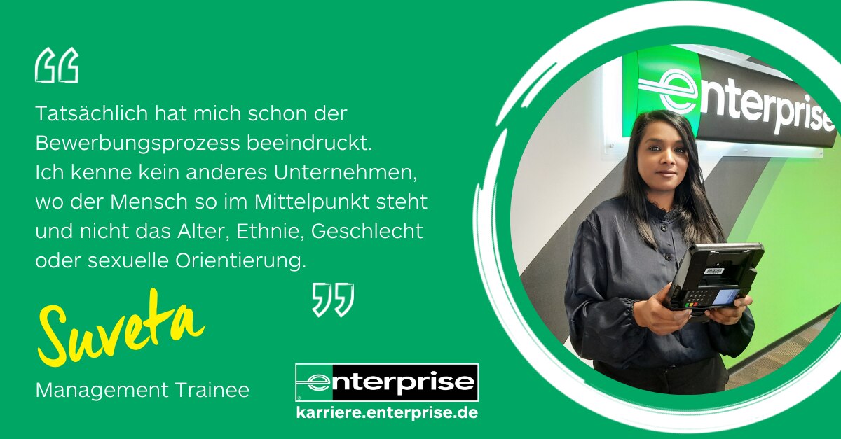 Woman in black shirt holding card reader machine in front of Enterprise sign with a quote on a green background