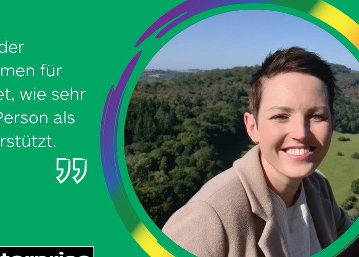 Photo of smiling girl with quote on green background