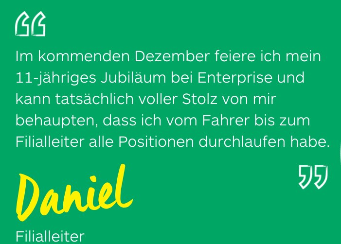 Photo of Daniel in a suit with quote on green background