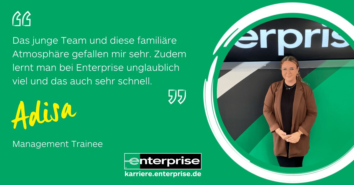Girl in blazer standing in front of Enterprise sign with quote on green background