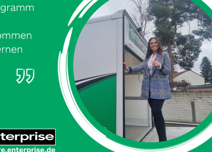 Woman standing on lift of Enterprise moving truck with a quote on a green background