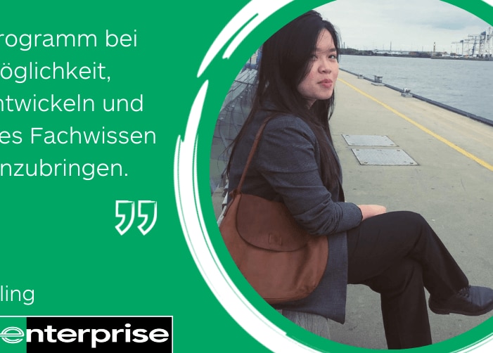 Girl with brown bag sitting near body of water with a quote on a green background