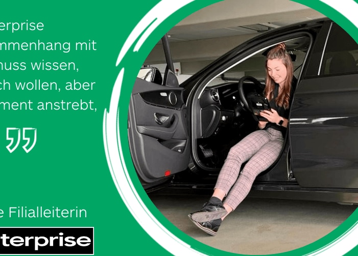 Girl sitting in the driver's seat of a car with her legs outside typing on a tablet with a quote on a green background