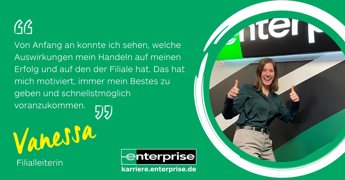 Girl giving two thumbs up in front of Enterprise sign with quote on green background