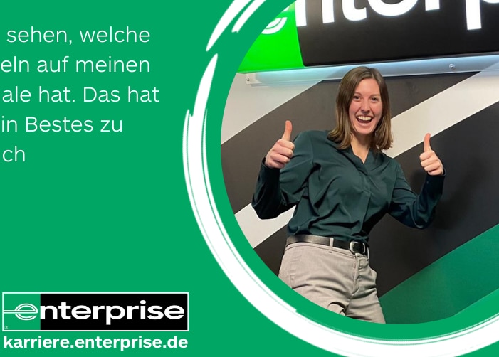 Girl giving two thumbs up in front of Enterprise sign with quote on green background