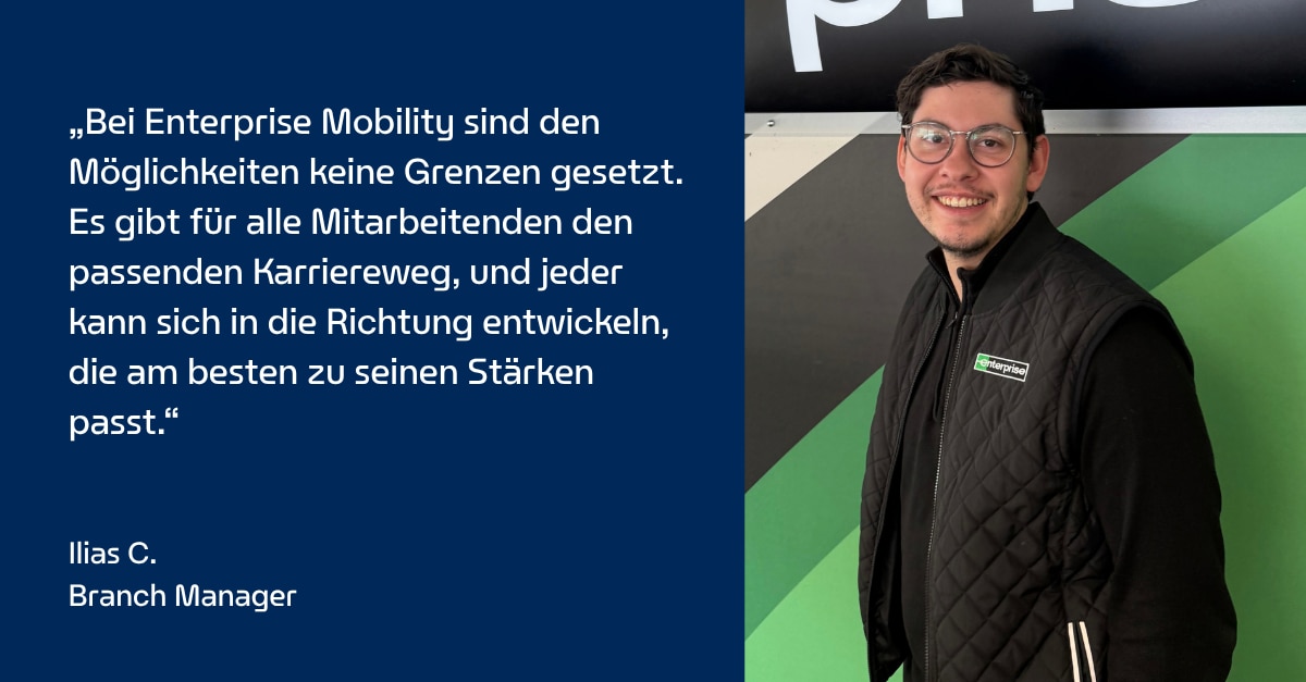 Foto von Filialleiter Ilias mit einem Zitat zu seinen Erfahrungen.